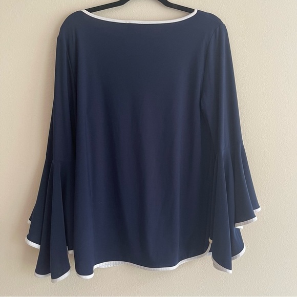 Coco Bianco Dark Blue Top - Round Neck Bell Sleeves, With White Trim Size Large - Picture 2 of 9
